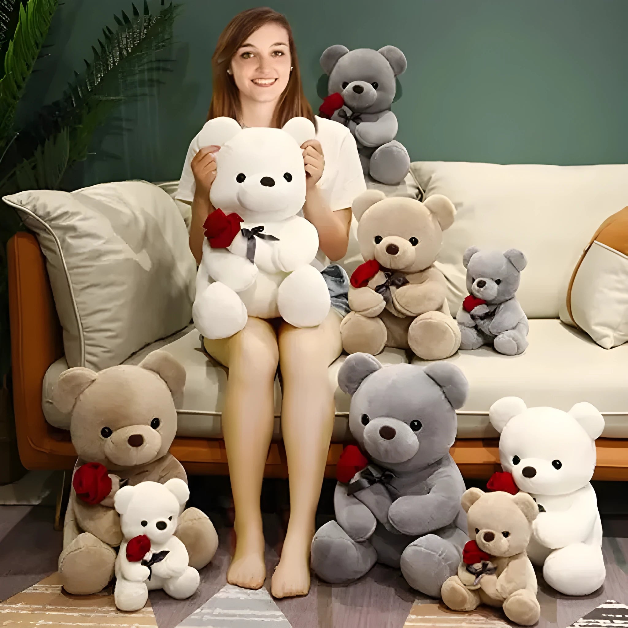 Plush teddy bear pillow in rose bear colours with cartoon design, shown in 25cm, 35cm and 45cm sizes