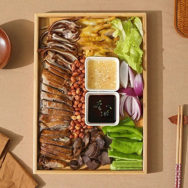 Brown handle bamboo barbecue serving tray square shape for hotel dining and coffee shops