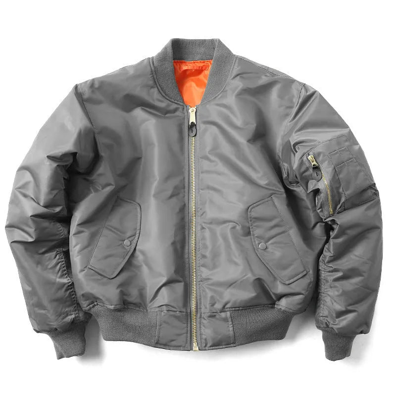 Men's army green loose fit cotton-padded bomber jacket with front zip and ribbed cuffs.