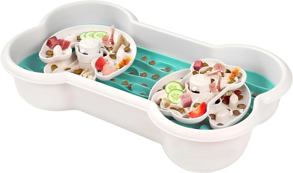 Large green slow feeder dog bowl with three separable puzzle trays for large breed dogs.