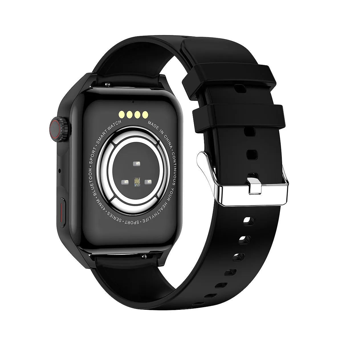 Smart watch with AMOLED screen and stainless steel case on silicone wrist strap