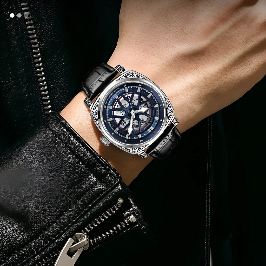 Stainless steel automatic mechanical men's watch with leather strap in blue, black, rose white or white colour options