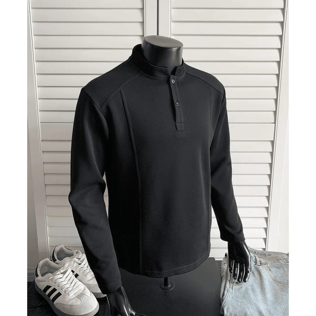 Men's asymmetric patchwork stand-up collar polo shirt in Chinese cotton fabric with loose fit