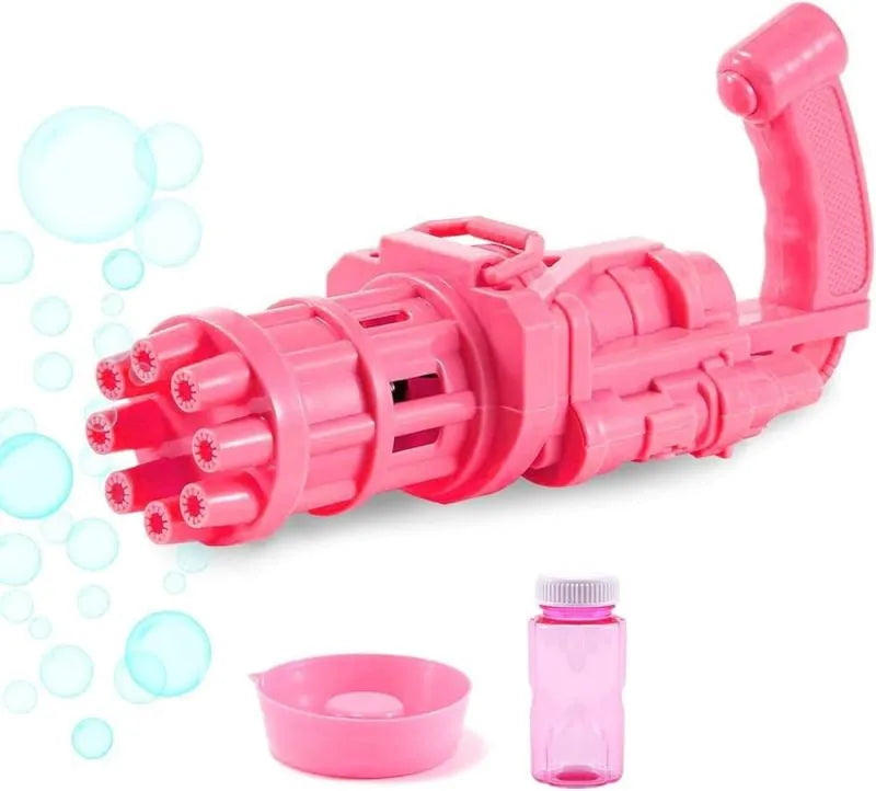 Kids plastic bubble machine gun toy in pink, gold, or black with battery compartment and removable bubble head.
