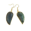 Copper drop shape earrings with fluorite and glitter mixed batch colours and double ring design