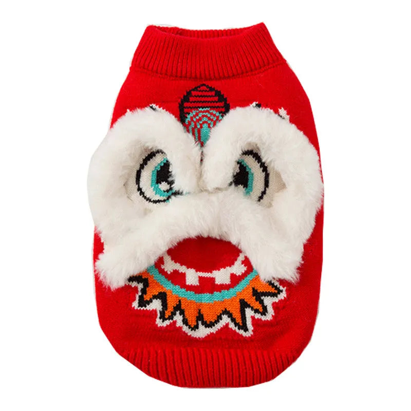 Red knitted lion dance pet sweater with 3D plush face details and colourful embroidery on a cat