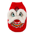 Red knitted lion dance pet sweater with 3D plush face details and colourful embroidery on a cat