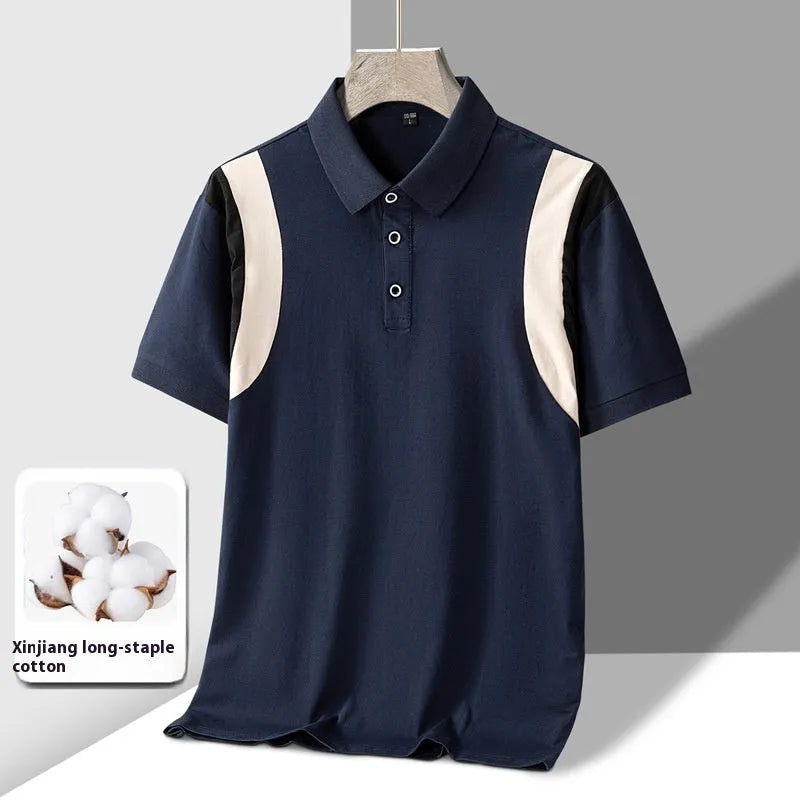 Men's striped cotton T-shirt with a lapel collar and short sleeves in a loose fit.