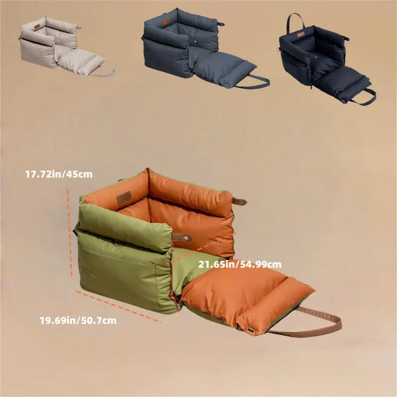 Green waterproof dog car nest with removable washable cover on a car seat