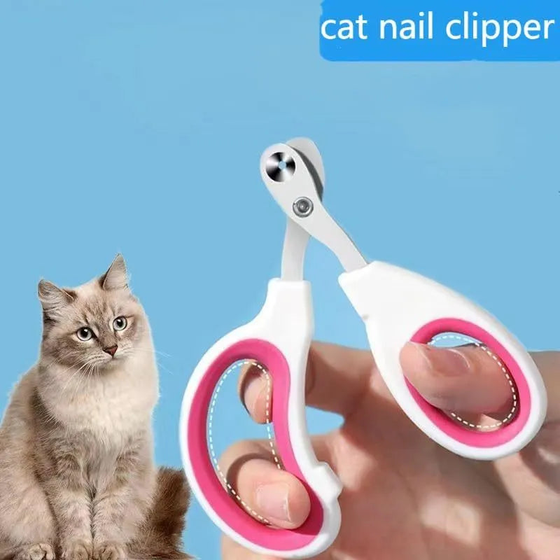 Blue pet nail clippers with circular cut hole and non-slip grip handles on a white background