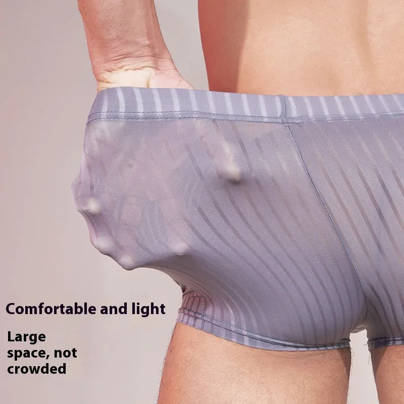 Men's striped transparent nylon underwear in black, white, and dark grey colours