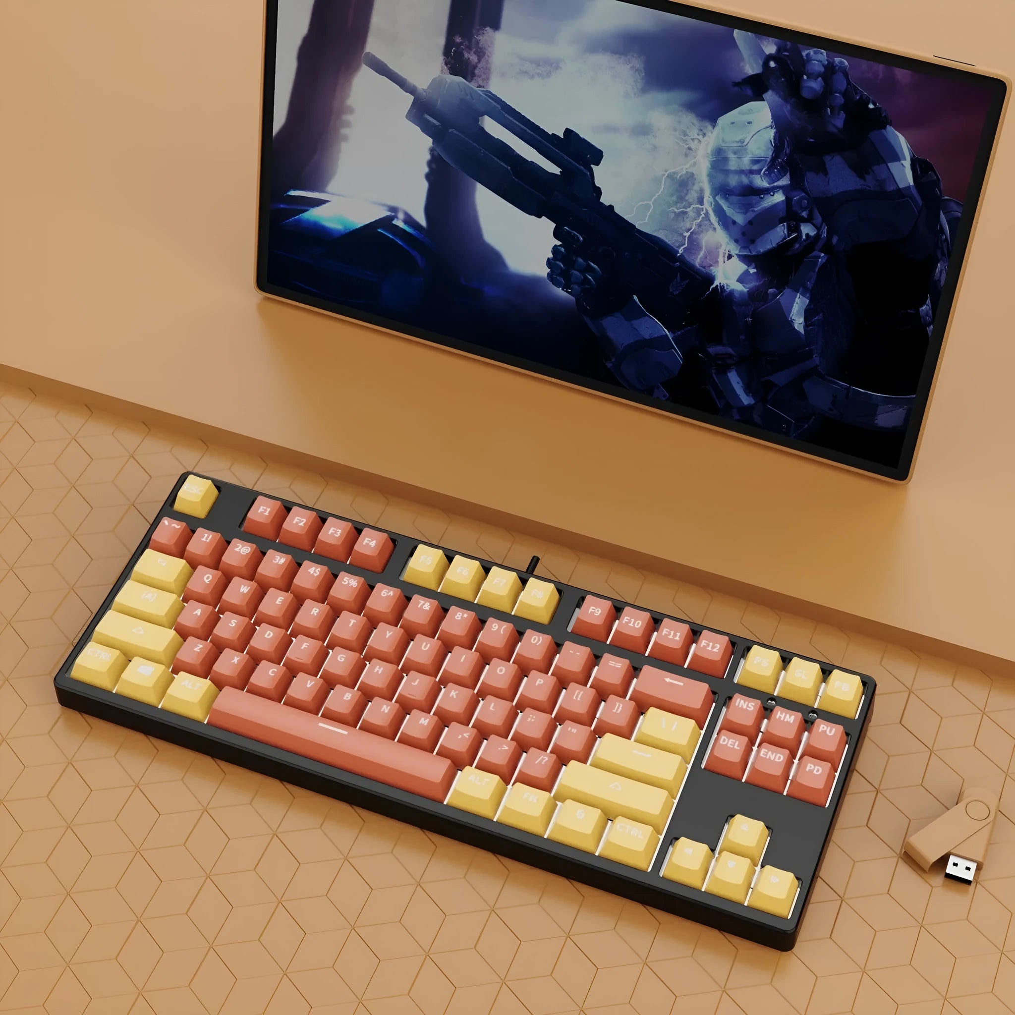87-key wired mechanical gaming keyboard with hot-swappable switches shown in a two-tone colour scheme on a metal chassis.