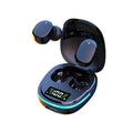 Black true wireless Bluetooth in-ear headphones with a charging case showing digital battery display.