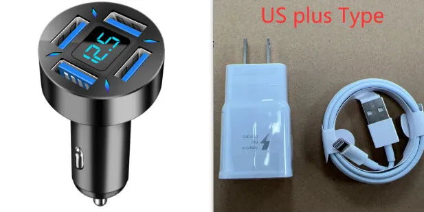 Four-port USB car charger with digital display for vehicle use