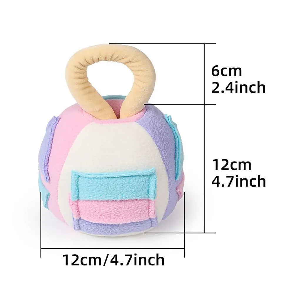 Pink and green plush dog ball toy with treat pockets and squeaker for small to medium dogs
