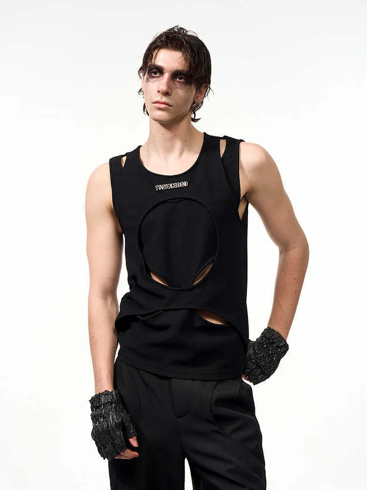 Men's black sleeveless waistcoat vest with a round neck and hollow white thread knit construction