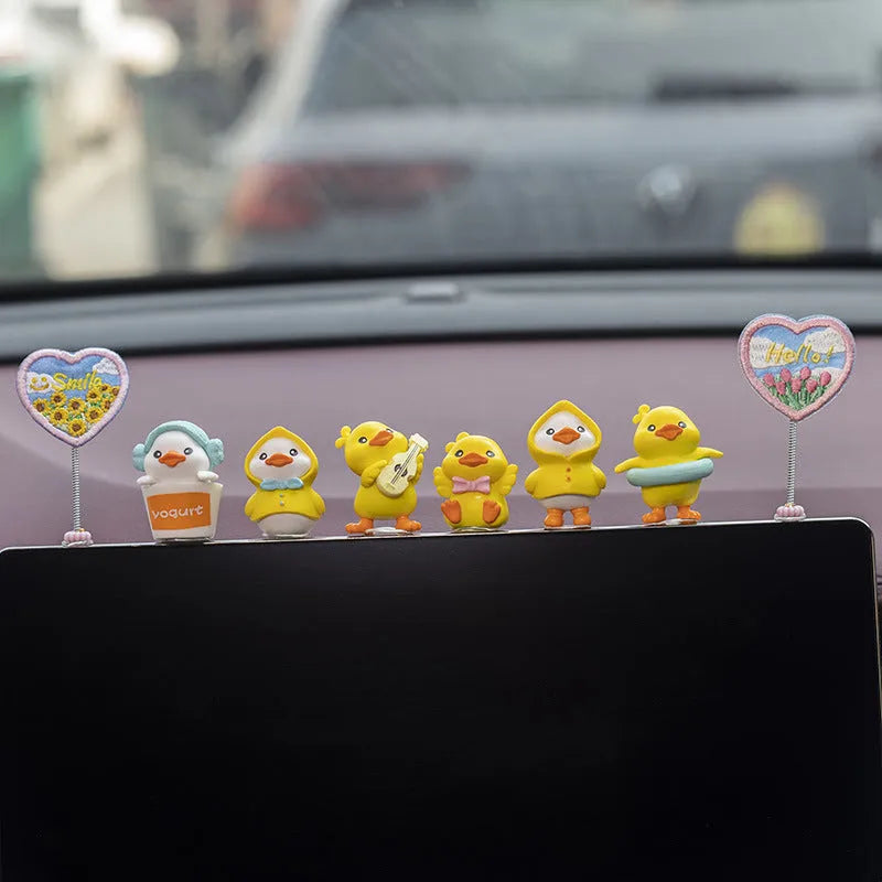 PVC duckling car decoration set with six cartoon ducks and welcome sign for vehicle interior