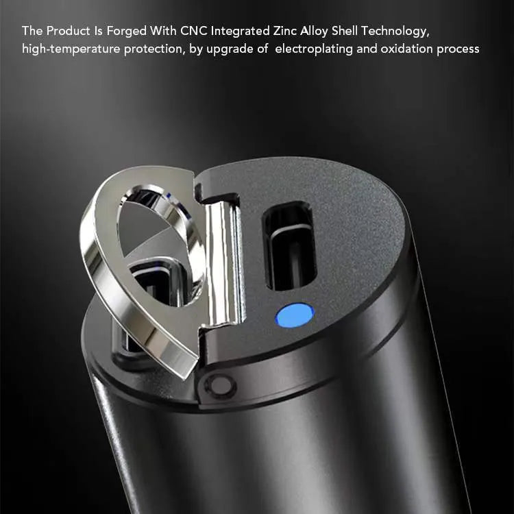 Mini 30W car cigarette lighter charger with zinc alloy body measuring 45mm by 20.7mm