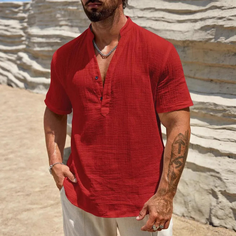 Men's solid colour short-sleeved shirt with a stand collar on a hanger