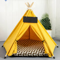 Striped linen pet teepee tent with cushion for a small dog or cat