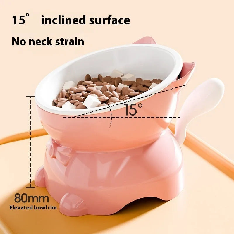 Stainless steel tilted anti-fall cat bowl in black, blue, pink, and yellow colour options.