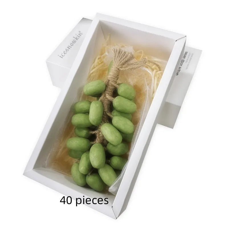 Grape handmade soap bars in black, green, purple and litchi variants showing mesh bag, gift box and long case packaging.