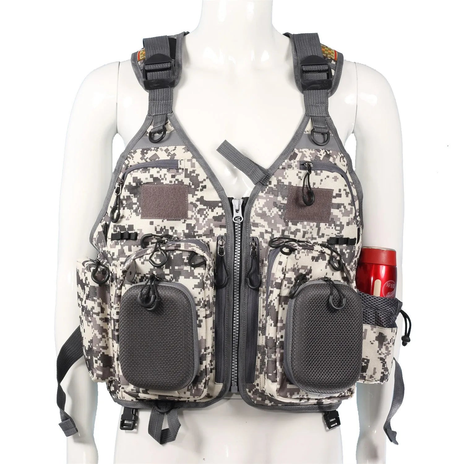 Grey fishing life jacket safety vest with multiple chest pockets and adjustable straps on mannequin