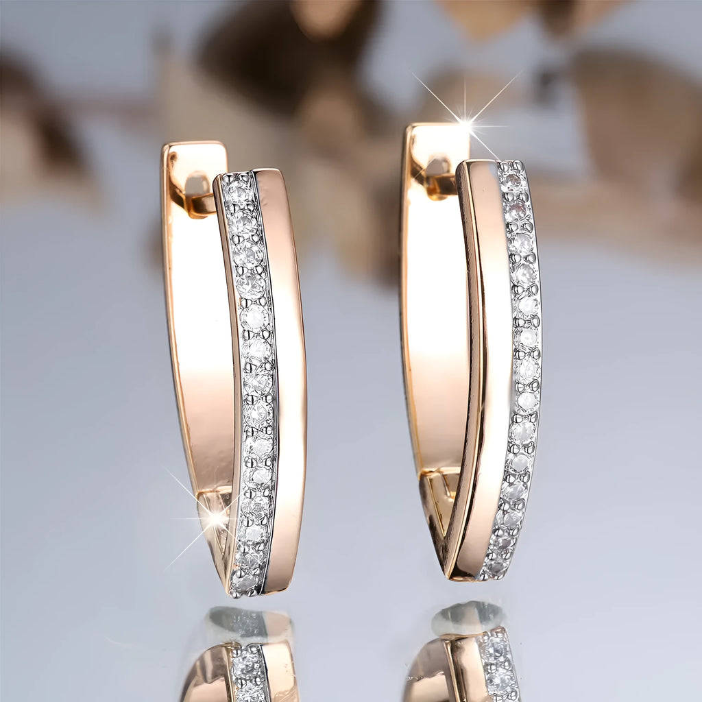 Geometric V-shaped women's clip-on earrings with champagne gold electroplating and white diamond accents