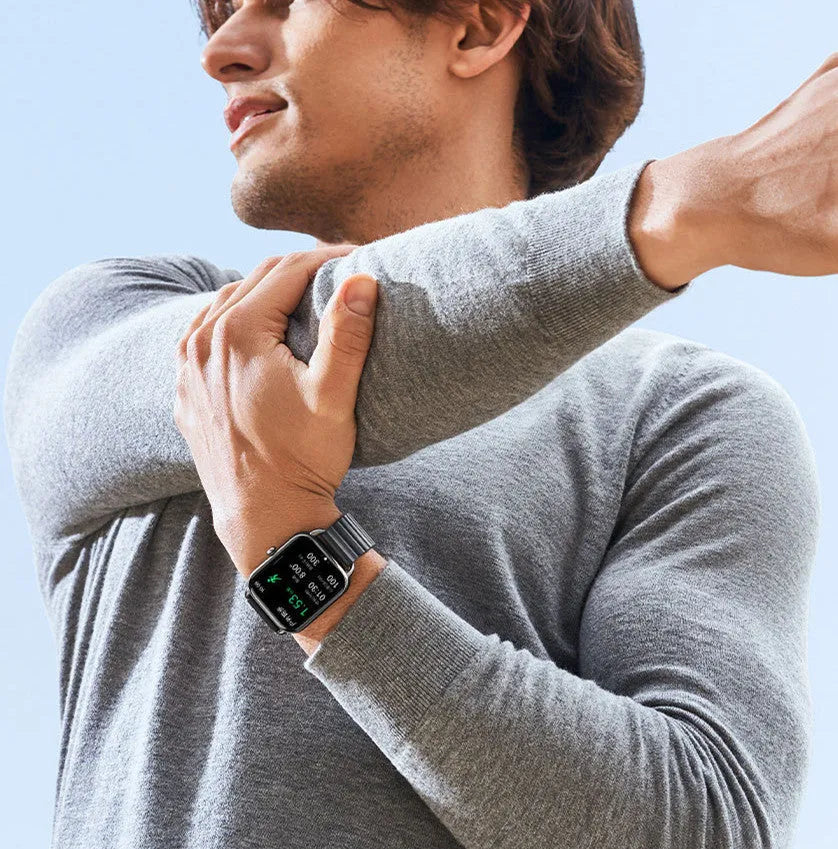 S4PLUS LS11 smart sports watch with AMOLED display showing fitness metrics on wrist