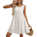 Women's loose-fit sleeveless plaid dress with a high waist and flowing swing skirt.