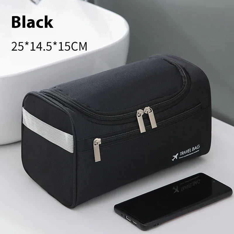 Large capacity waterproof cosmetic bag in retro style with skincare and makeup items inside