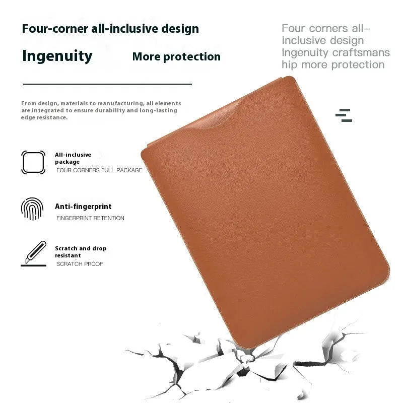 Set of four brown imitation leather lock edge protective sleeves for laptops and tablets.