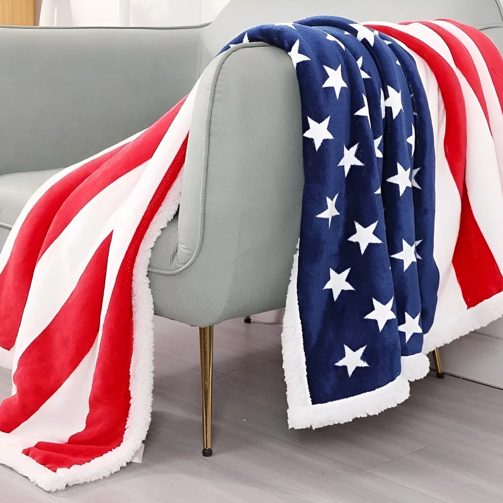 Striped American-style polyester blanket folded, showing size options for autumn and winter warmth.
