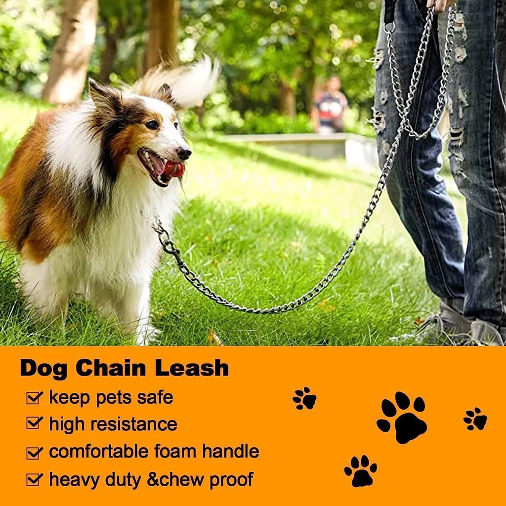 Heavy duty metal dog leash with padded handle in black, blue, or red for medium to large dogs