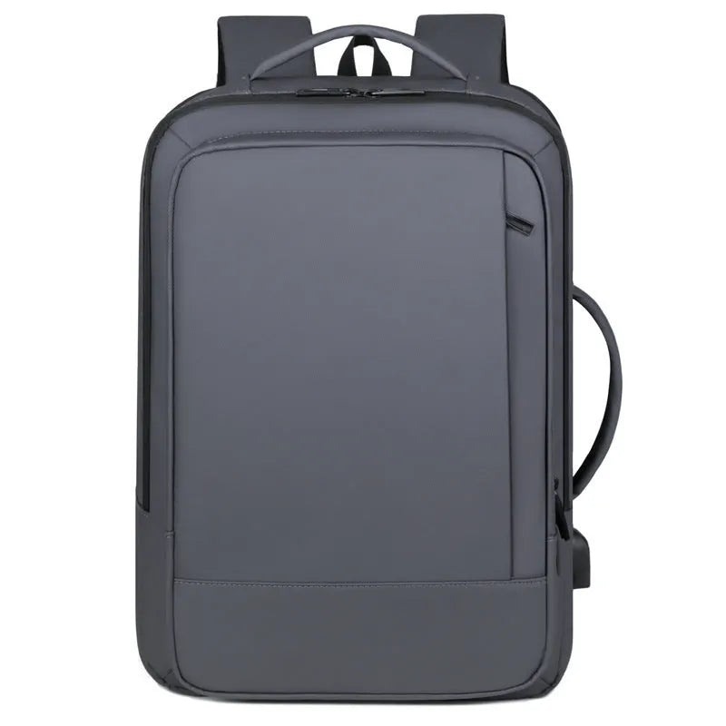 Large capacity waterproof backpack in black or grey Oxford cloth with curved shoulder strap and hand-carry handle