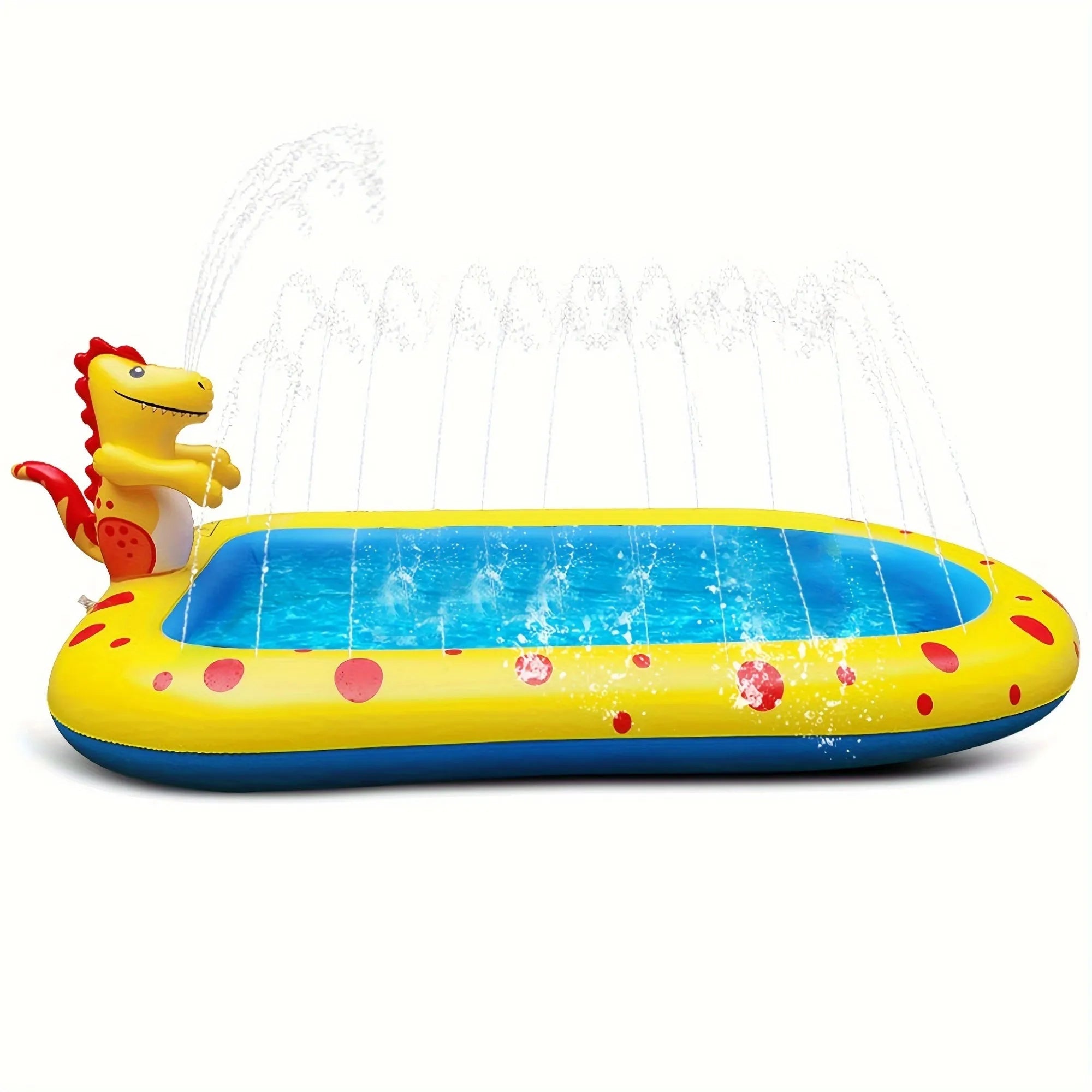 Blue and yellow inflatable dinosaur and shark themed water spray pool for kids in a garden.