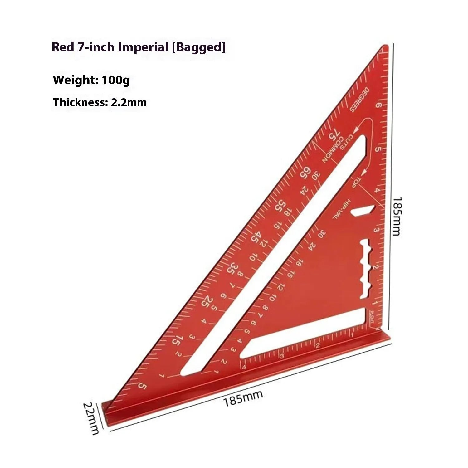Red metal 7inch combination angle ruler with metric scale alongside base ruler in transparent storage bag