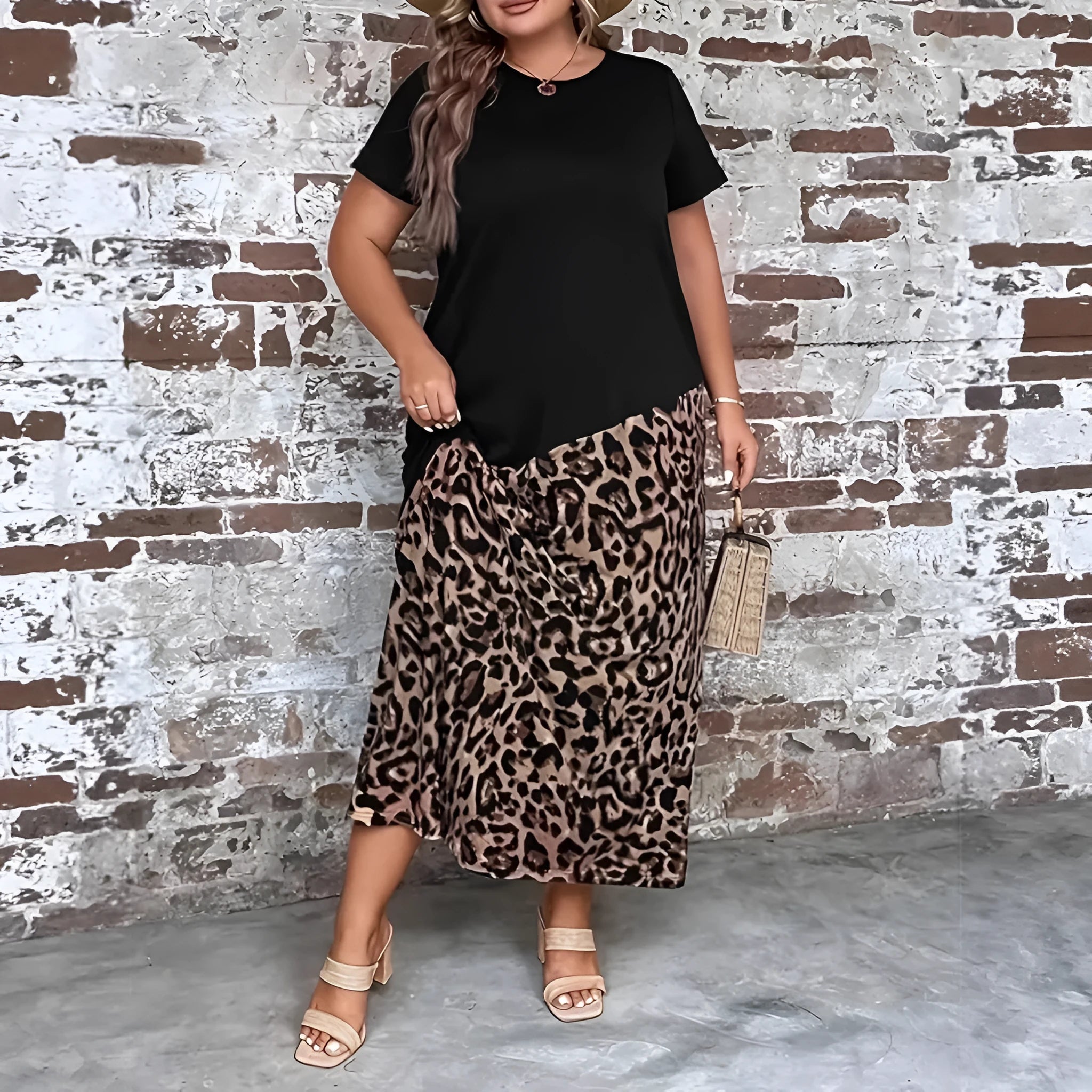 Black leopard print maxi dress for women, plus size 1XL to 5XL, short sleeves, loose fit