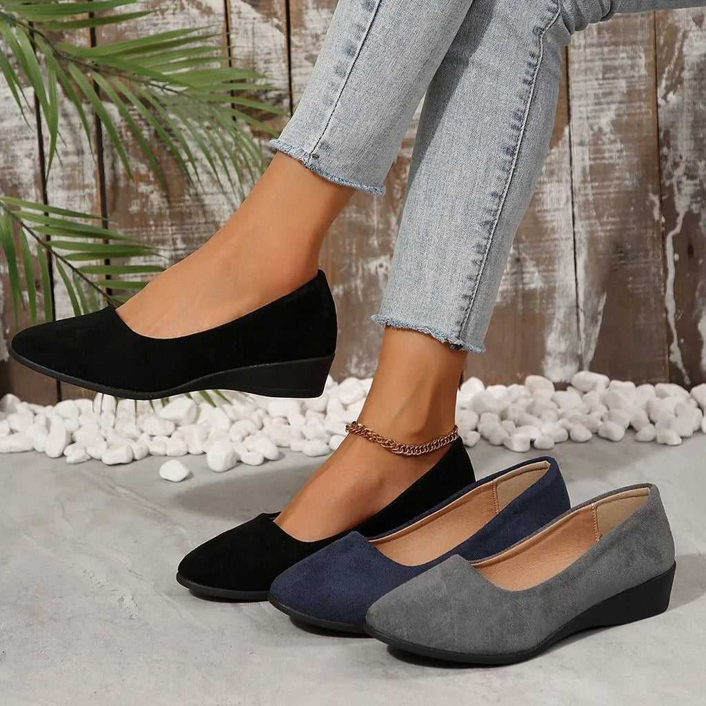 Women's suede wedge pumps with pointed toe and low rubber heel in various colours