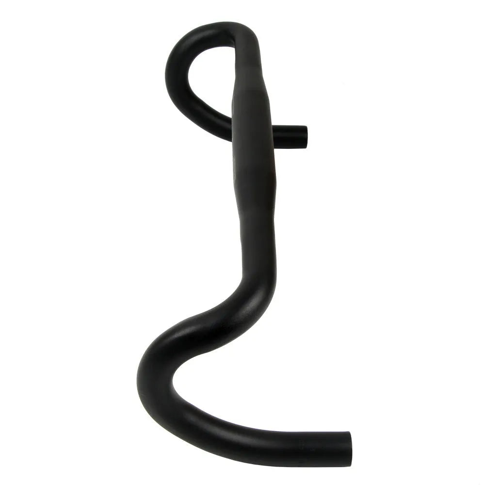 Black UNO aluminium alloy road bike drop handlebar showing bent shape and 31.8mm clamp area