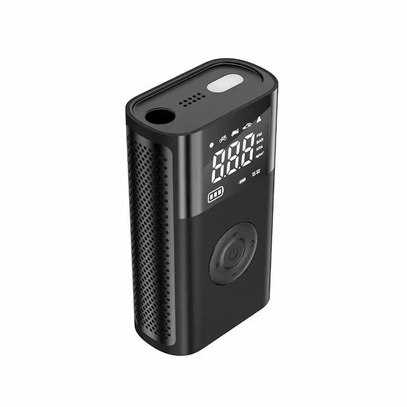 Black wireless digital tyre inflator pump with digital display and multiple nozzle attachments