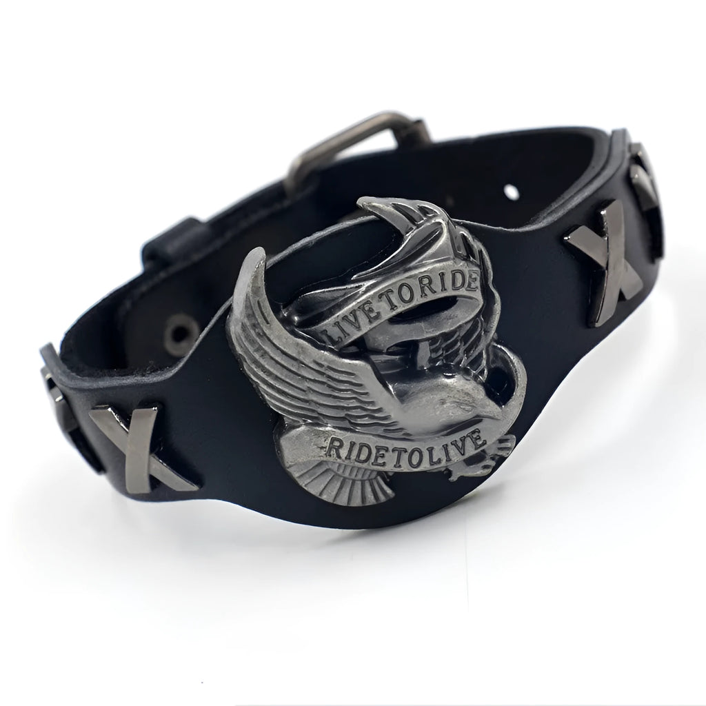 Black leather bracelet with eagle watch buckle clasp geometric design