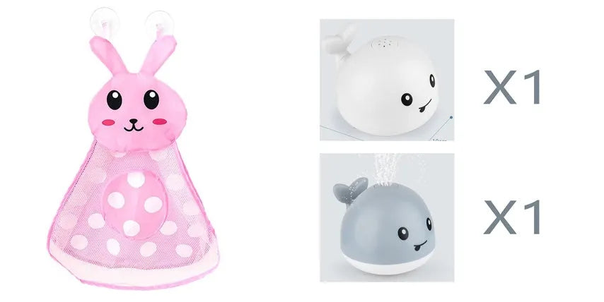 White and blue whale-shaped bath toy with water spray and LED lights floating in water
