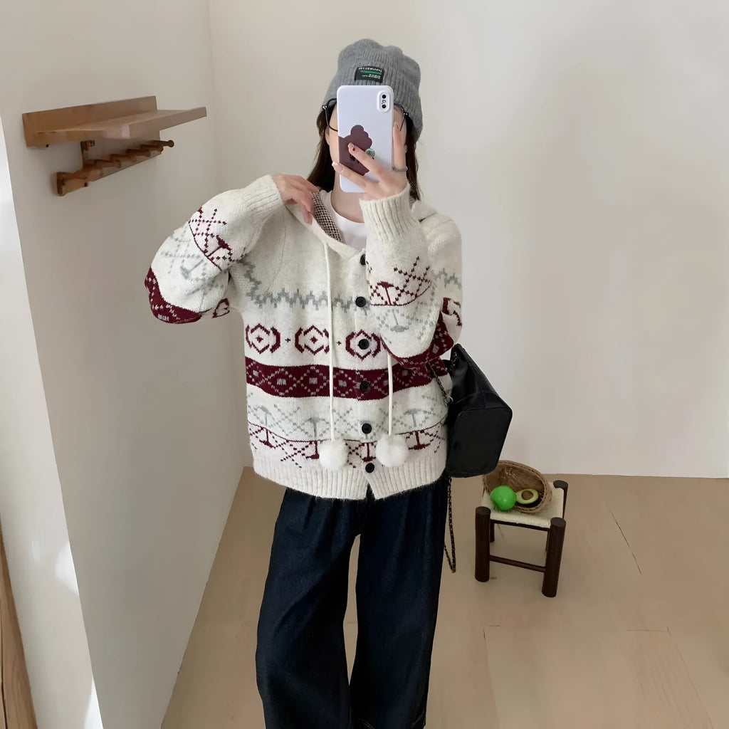 Geometric patterned brocade sweater coat in beige or grey for women's plus size casual wear