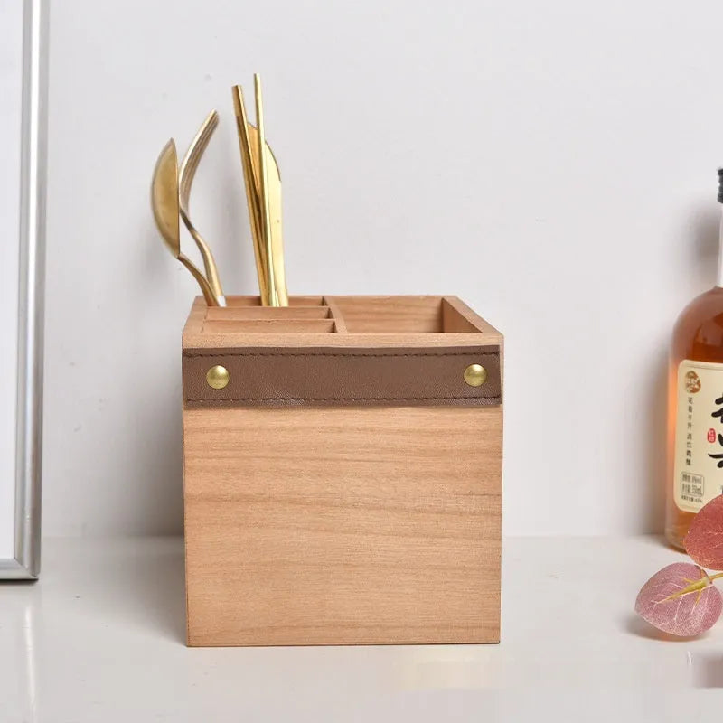 Wooden kitchen storage box with grid divider for knives, forks and chopsticks organisation