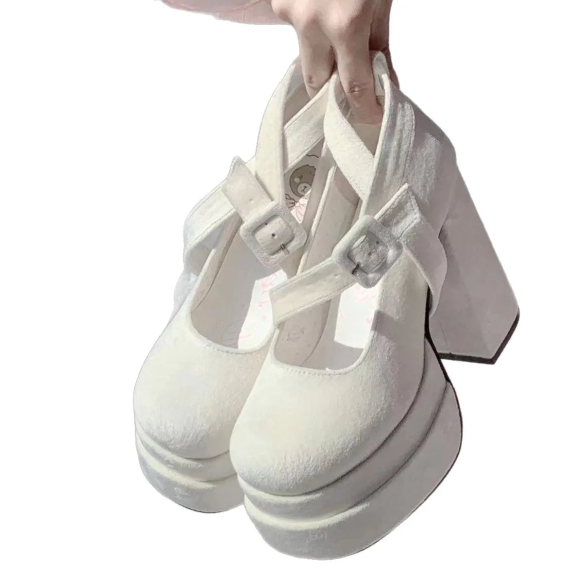 Women's suede lace-up Mary Jane high heels with buckle fastening in black, white, and pink