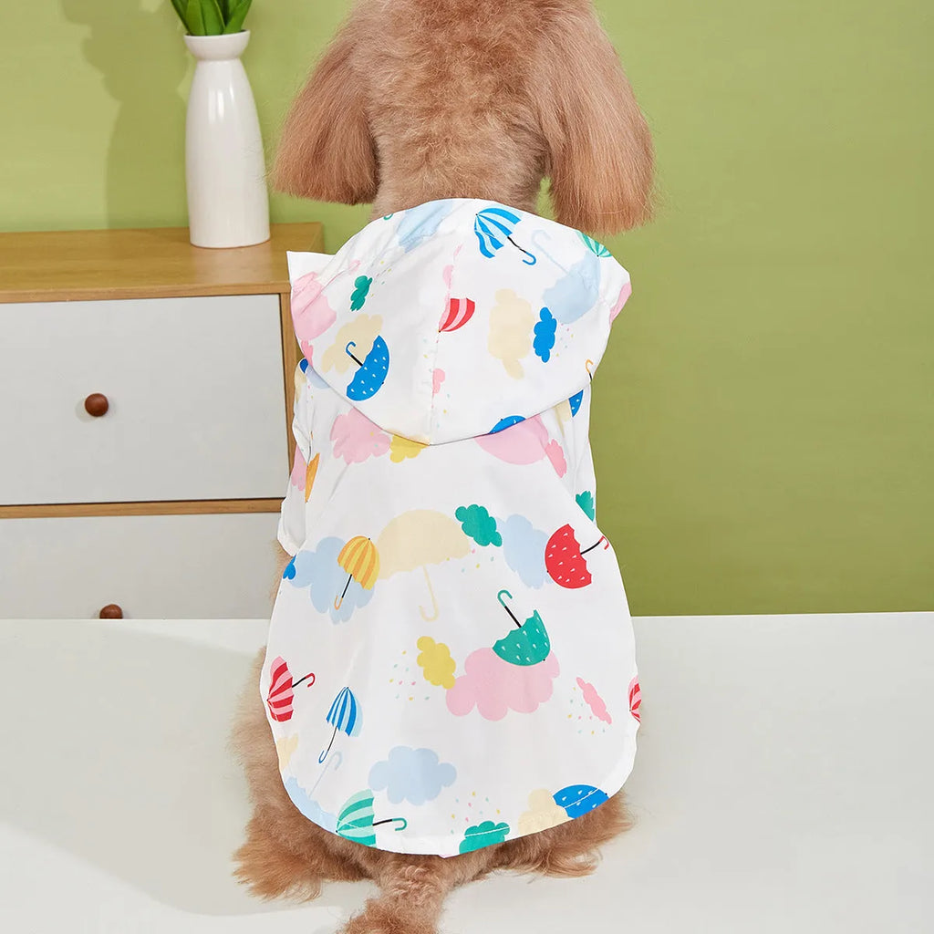 Colourful cartoon umbrella pattern polyester raincoat for a small dog, featuring a hood.