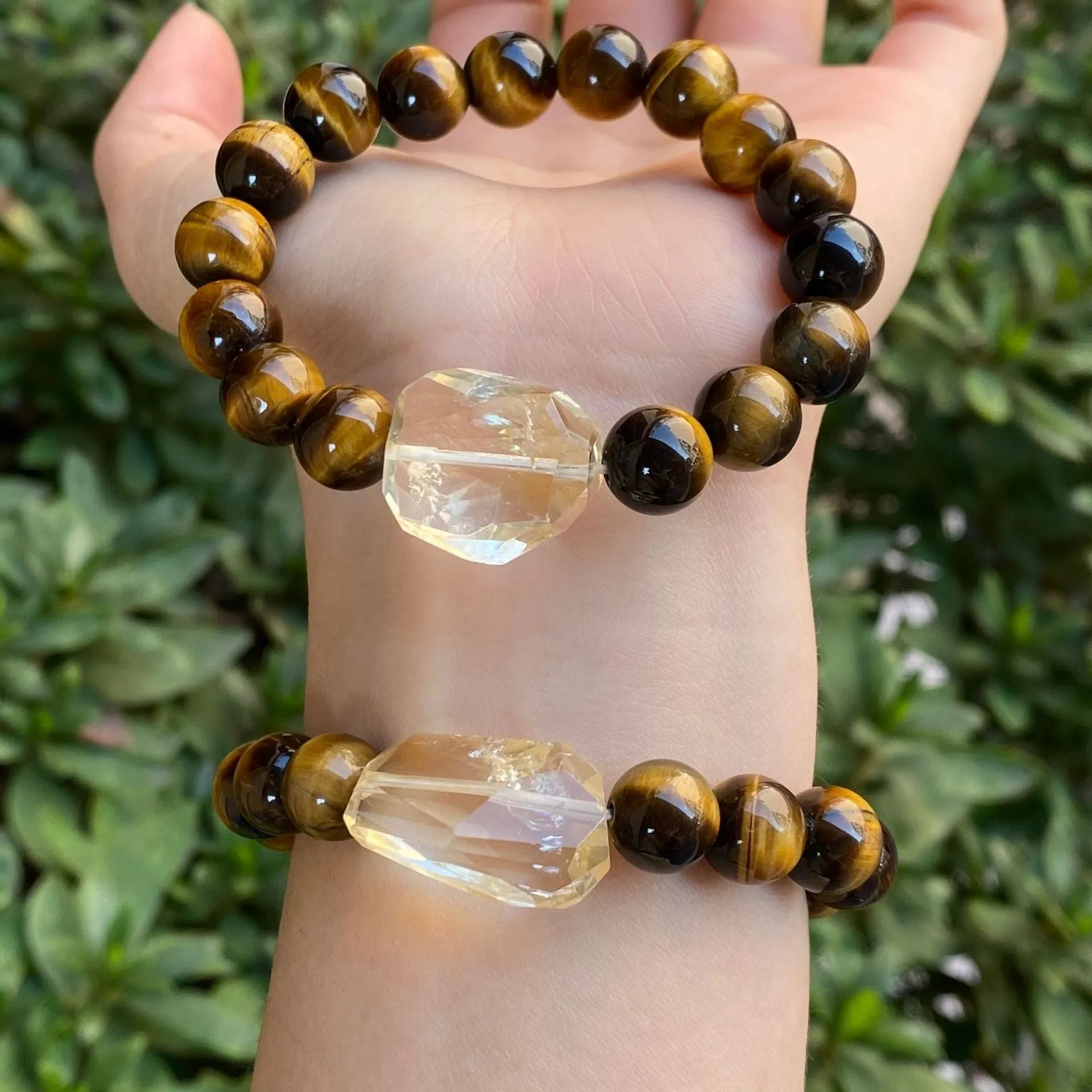 Handmade unisex citrine diamond gourd bracelet with mixed 10mm and 8mm electroplated crystal beads