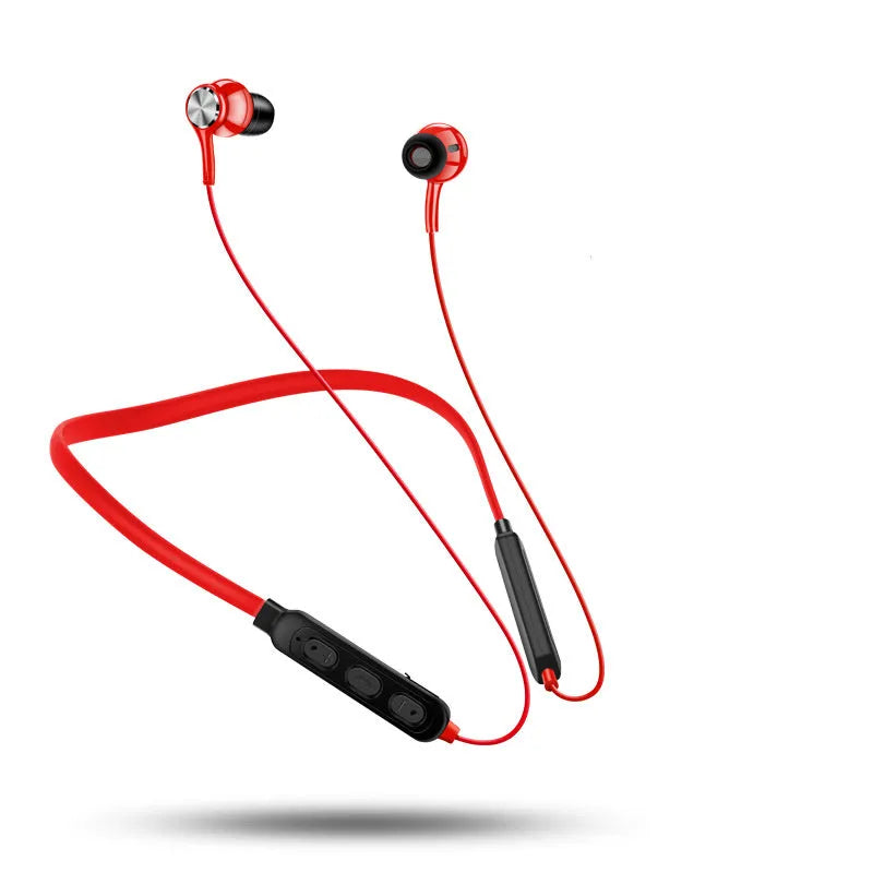 Sports Bluetooth earphones with a black neckband and stereo earpieces