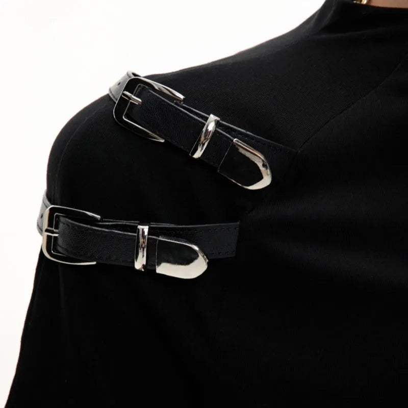 Men's black slim fit cotton shirt with metal belt design detail and stand-up collar